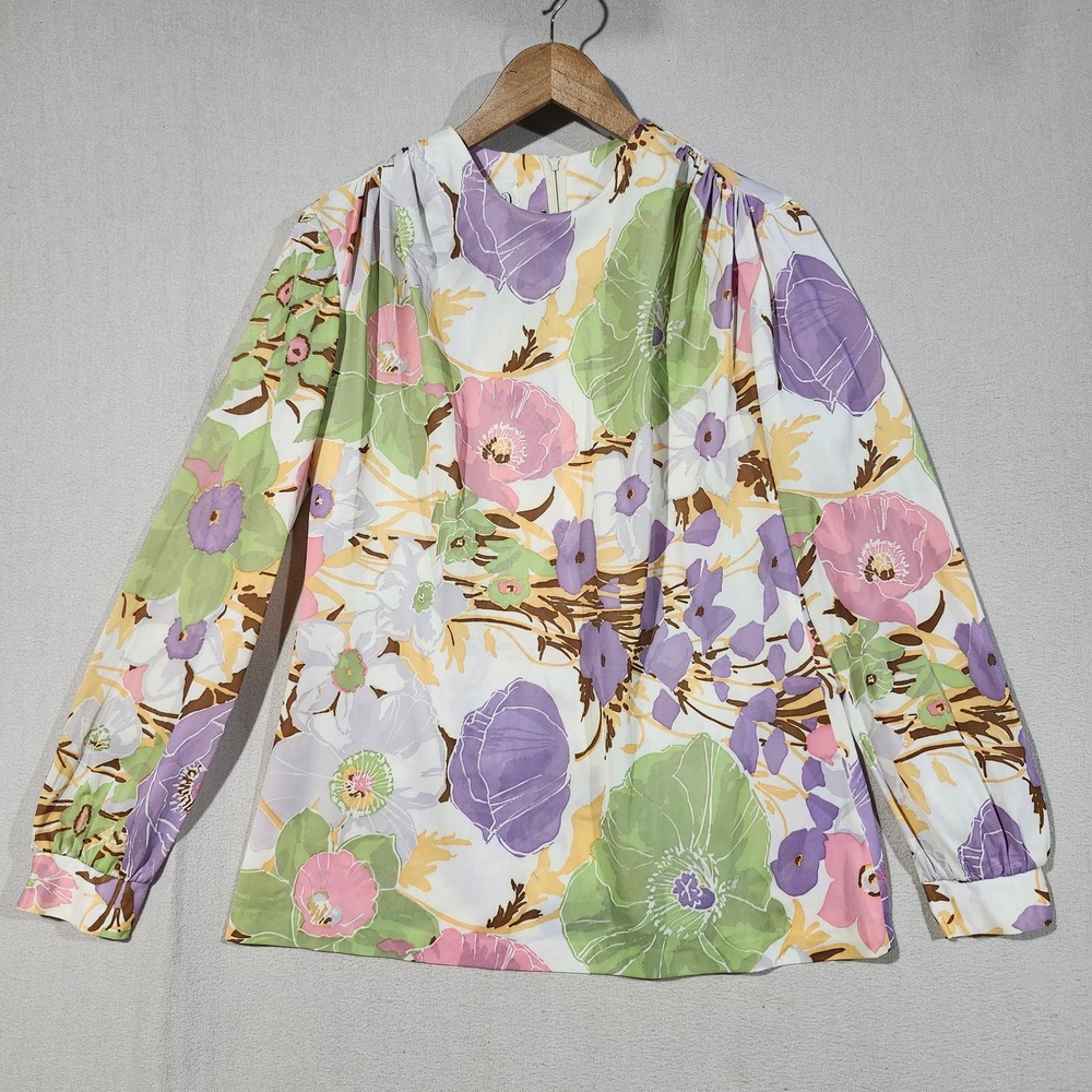 Vintage Marta D Floral Long Sleeve Blouse Multicolor Retro 70s Puff Sleeve Top M